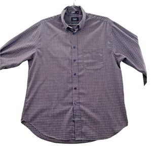 Haggar Mens L Button Up Shirt Red Blue Plaid Long Sleeve Casual Button Down